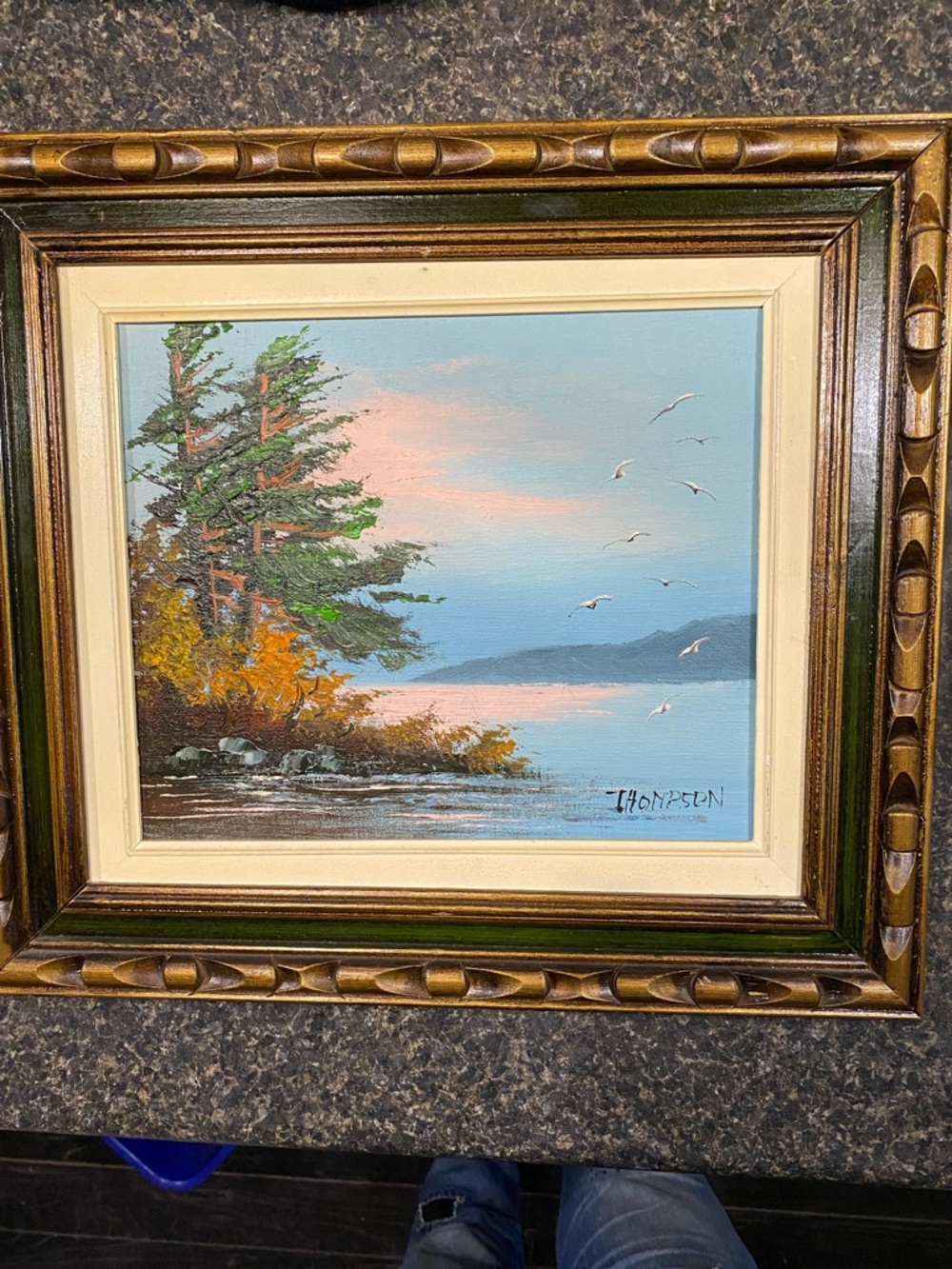 Vintage Framed Landscape Oil Painting – Signed THOMPSON – Lake & Birds – 12x10